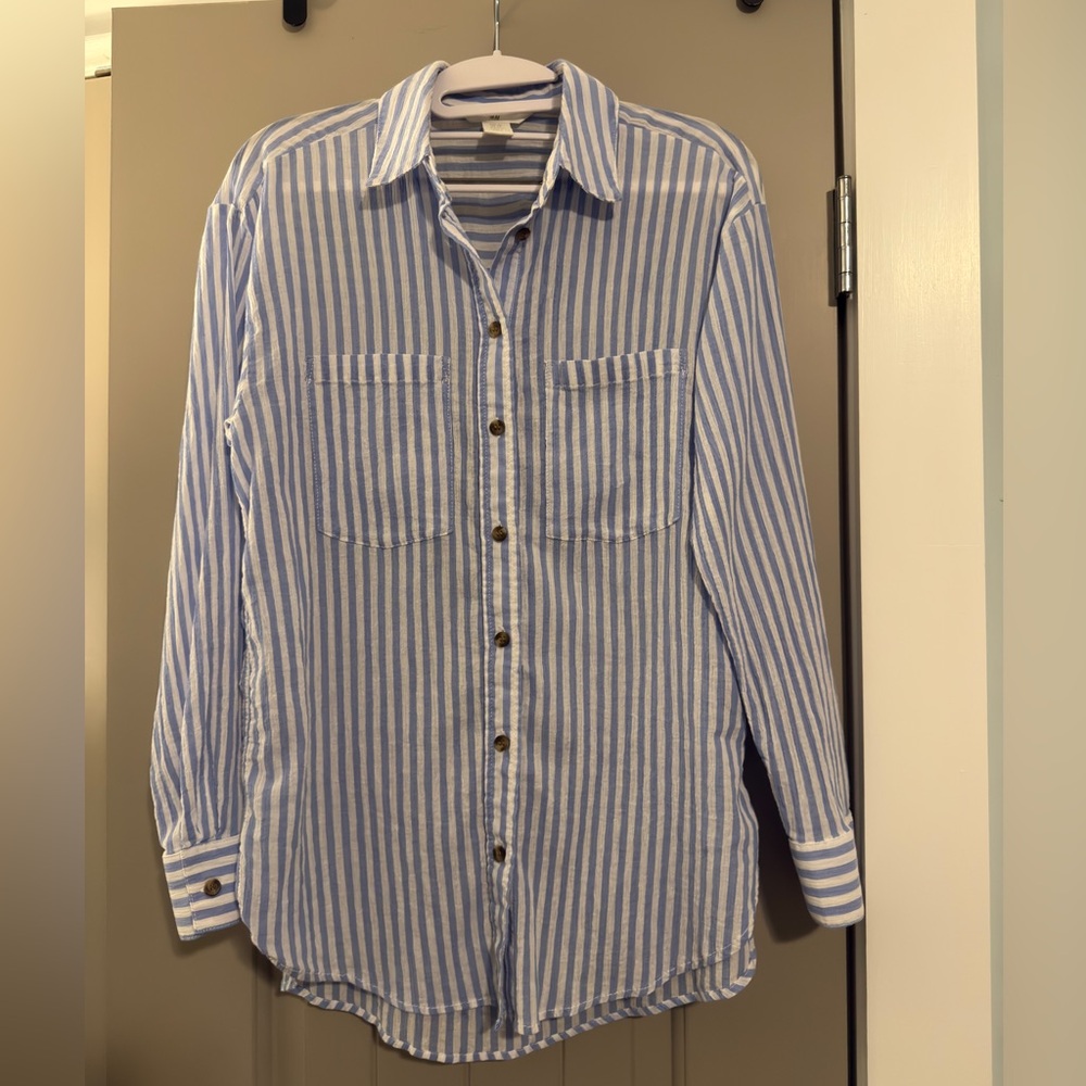 H&M Light Blue and White Striped Ladies Lightweight Blouse
